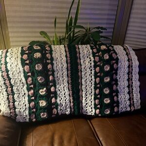 Handmade Vintage White Green Pink Rosette Granny Square Afghan Blanket